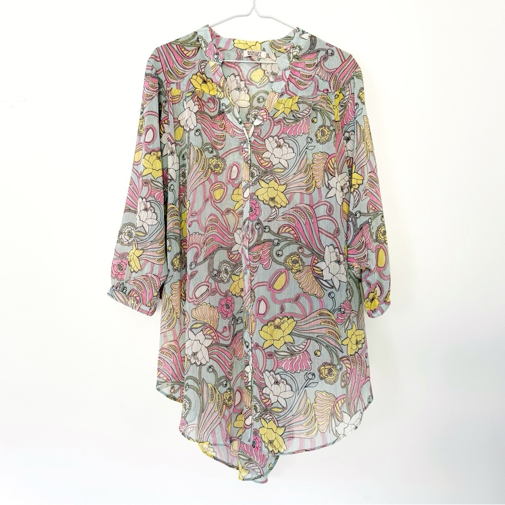 Badgley Mischka Woman Floral Chiffon Relax Flutter Sleeve Blouse LARGE Fairy - Picture 4 of 8